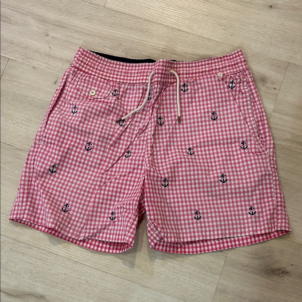 Polo Ralph Lauren Men’s pink Gingham Check Anchor Print swim trunks